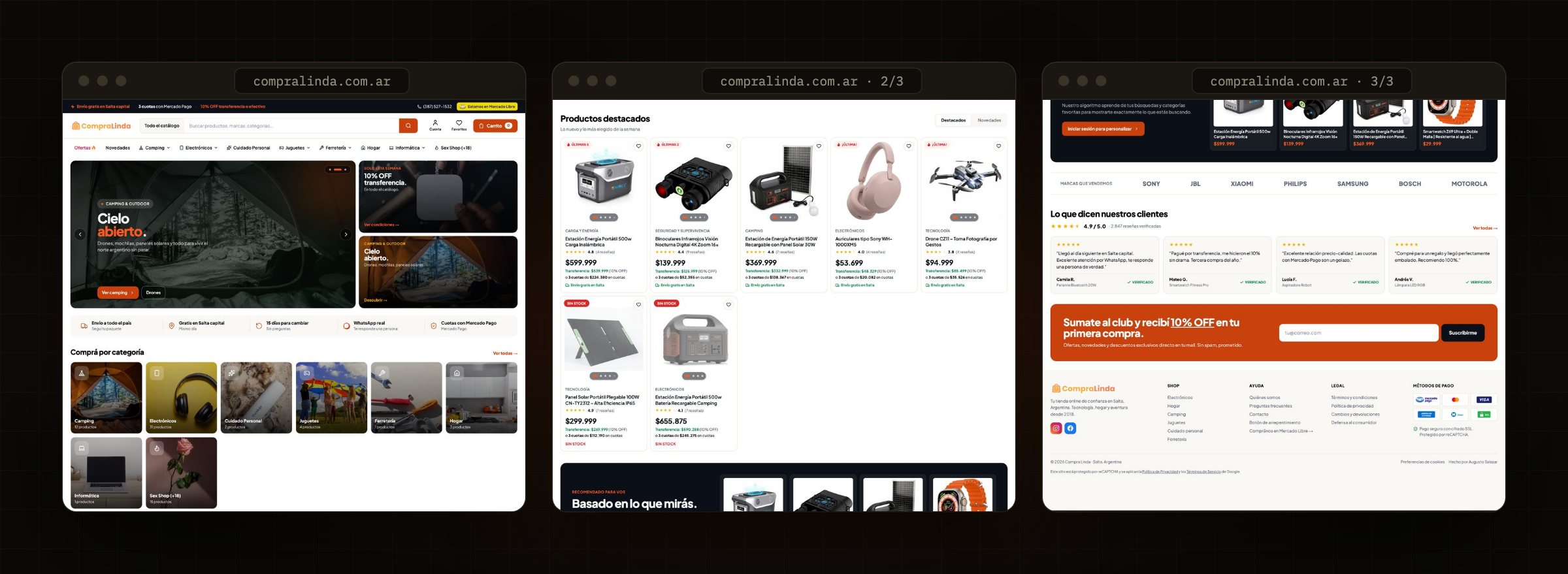 The full Compra Linda landing page, top to bottom in three columns