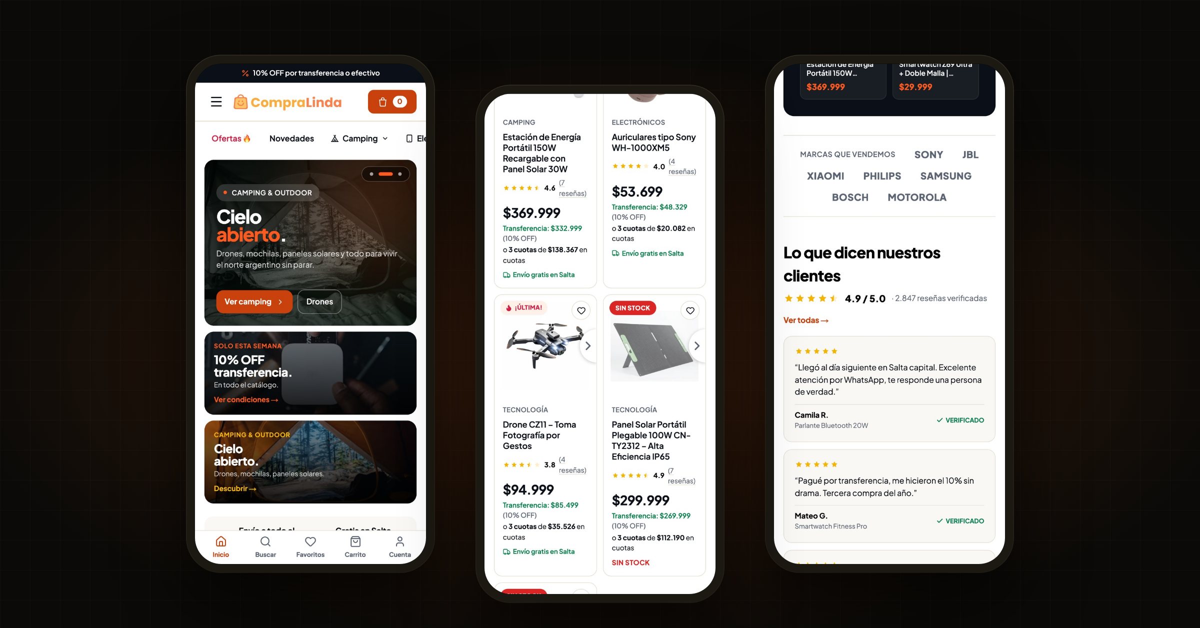 Compra Linda on a phone: three moments of the same page