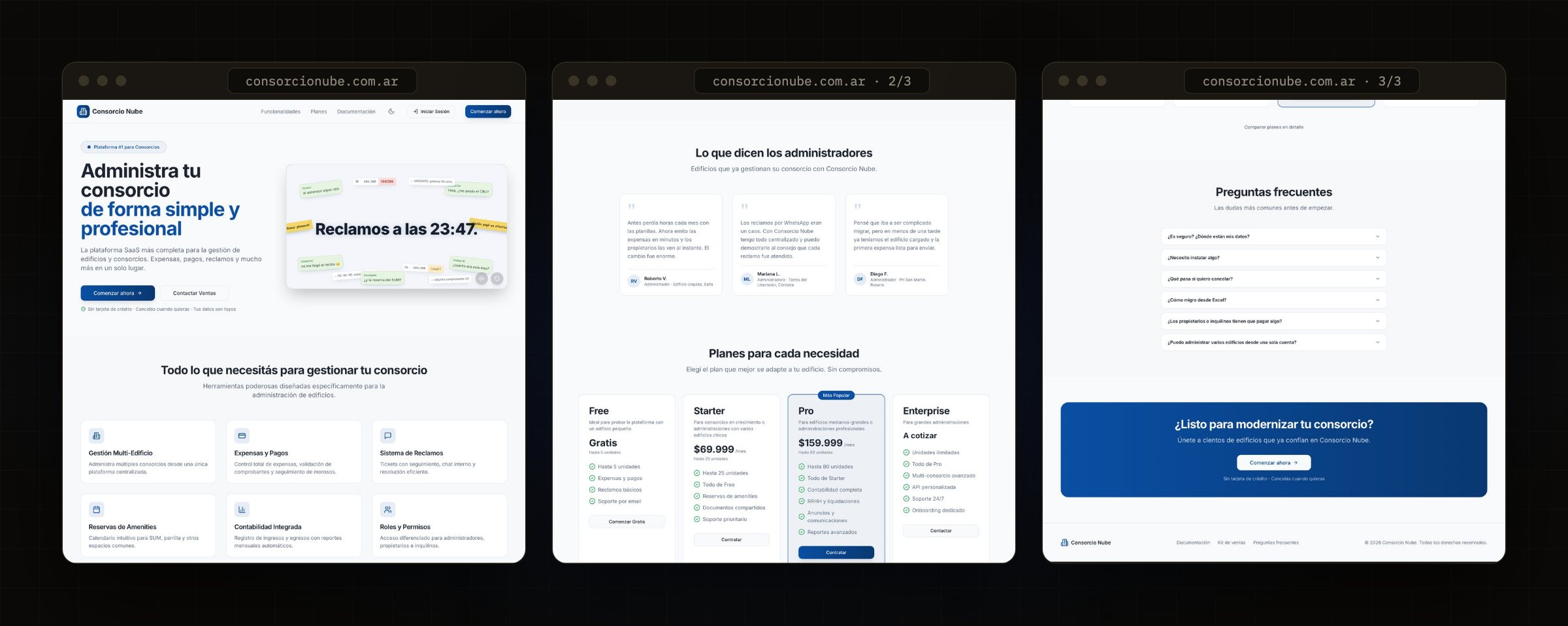 The full ConsorcioNube landing page, top to bottom in three columns