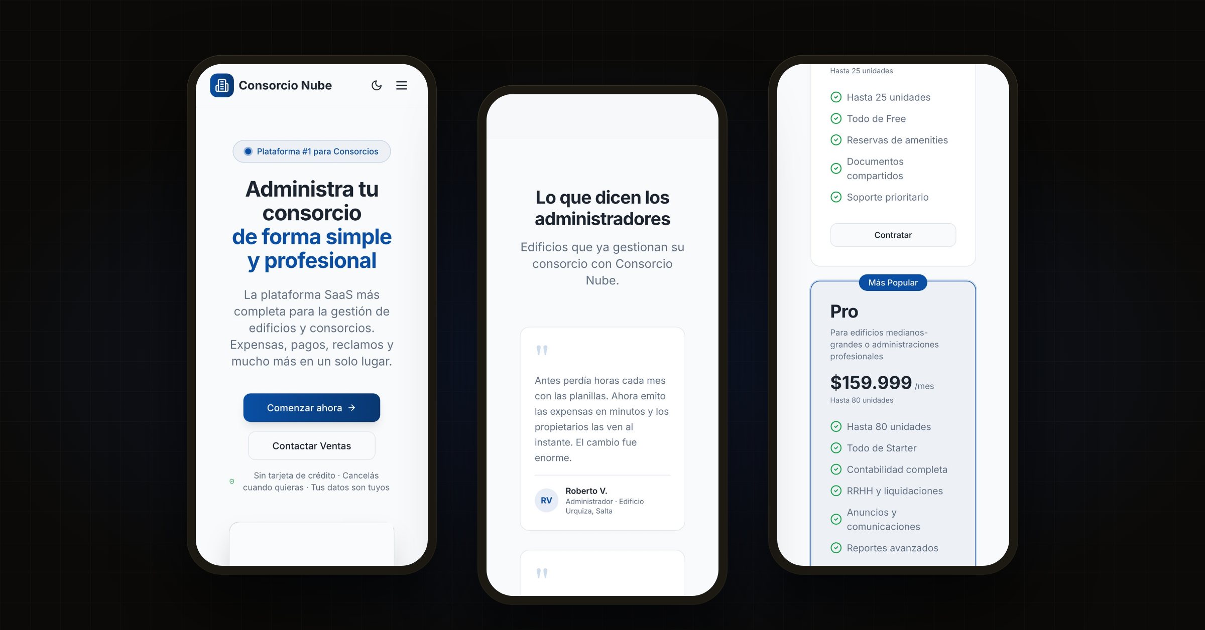 ConsorcioNube on a phone: three moments of the same page