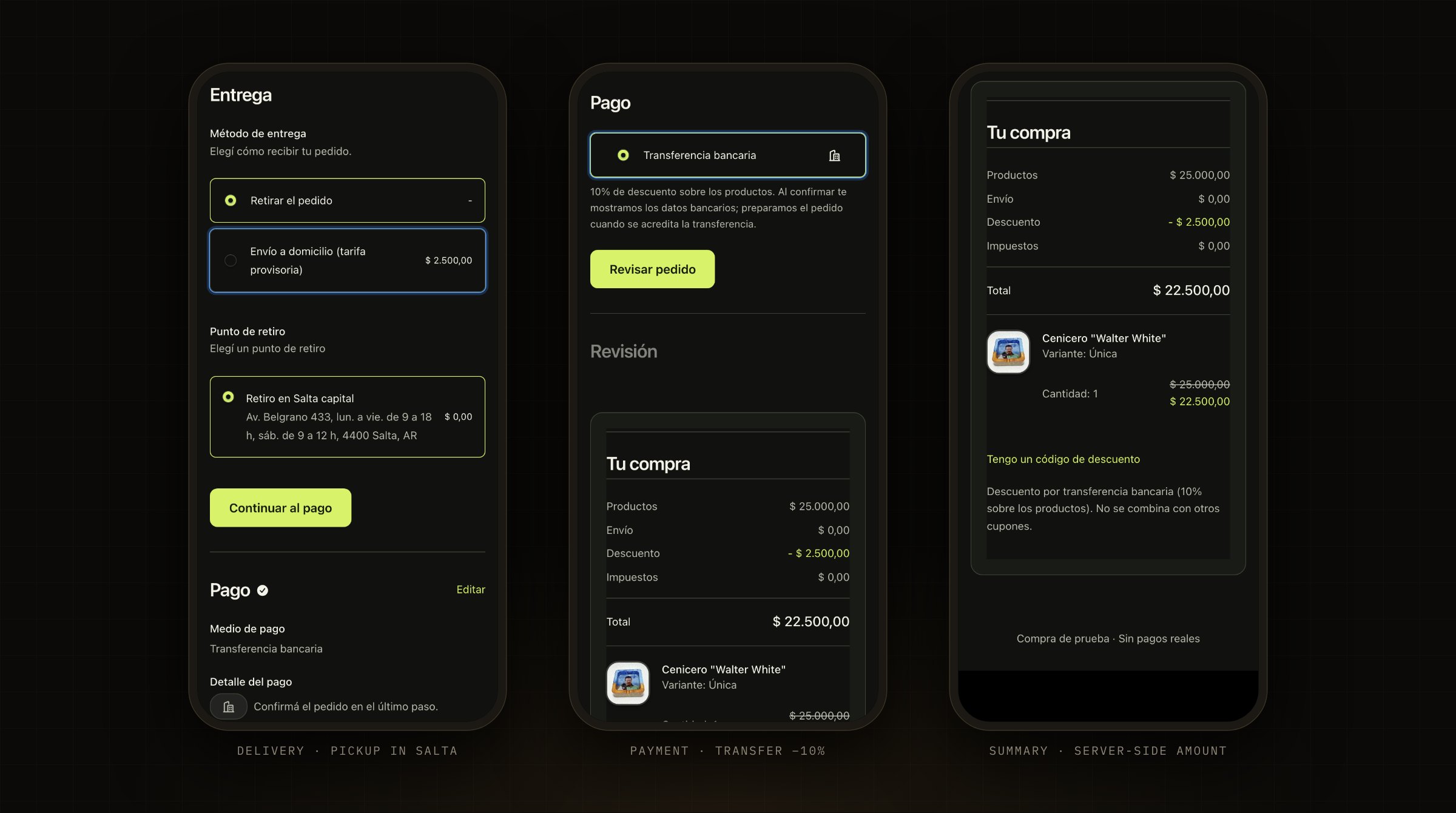 Mobile checkout: pickup in Salta capital, bank transfer with 10% off and a summary with the discount applied