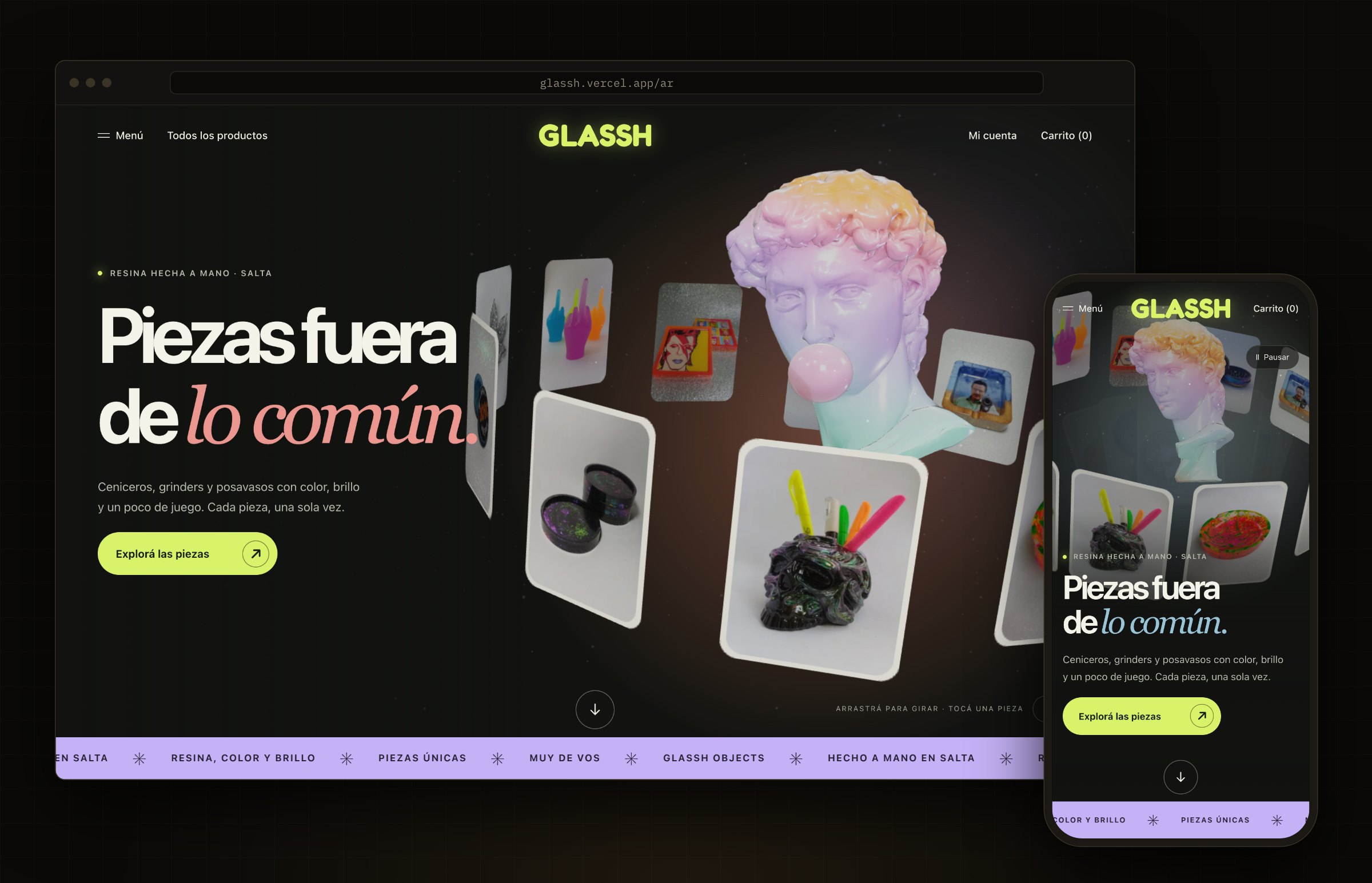 Glassh — An Owned Ecommerce for Handmade Resin Pieces, with a 3D David at the Door