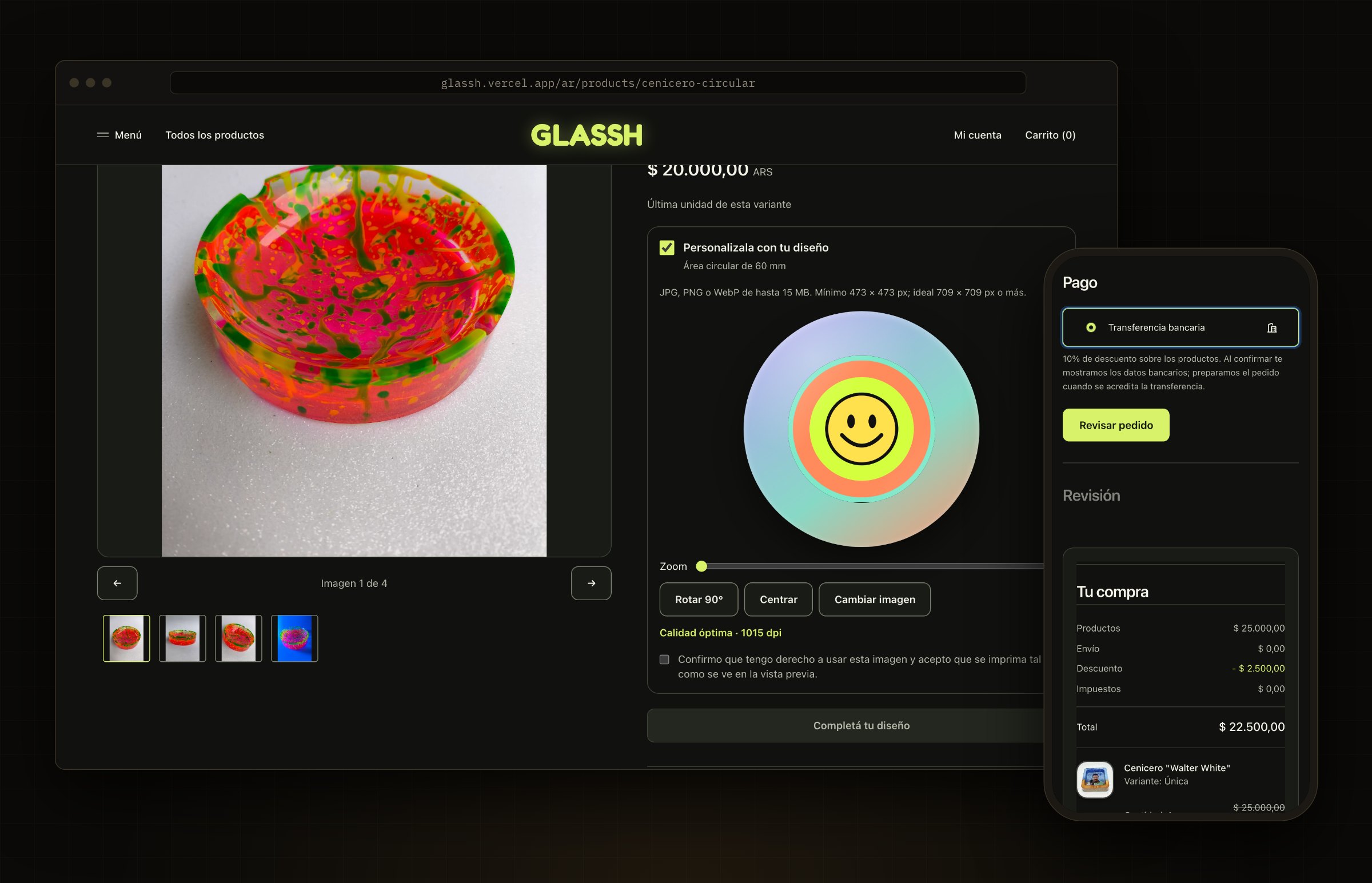 Product page with the design editor open, the artwork inside the piece's circular area and live print quality, next to the mobile checkout
