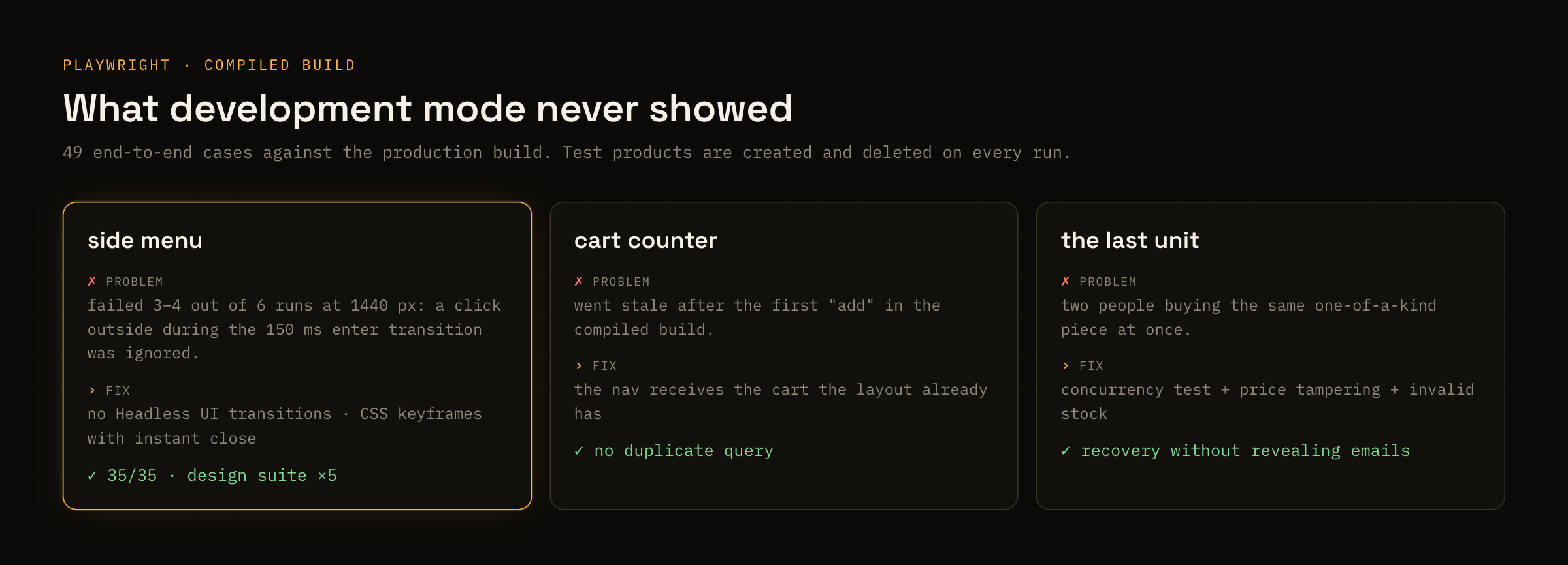 Three findings from the tests: side menu, cart counter and the last unit, with problem, fix and evidence