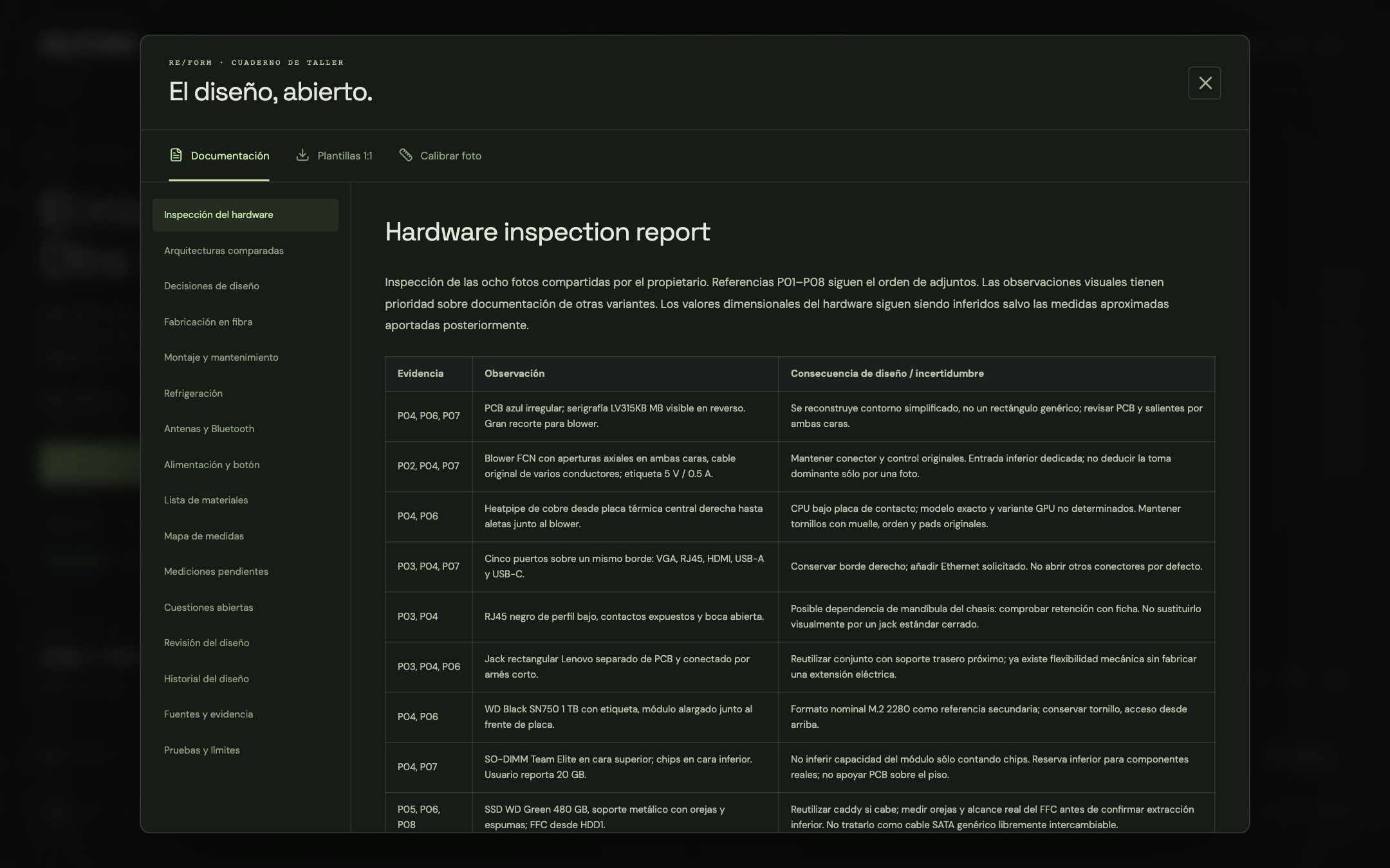 Documentation panel showing the hardware inspection report