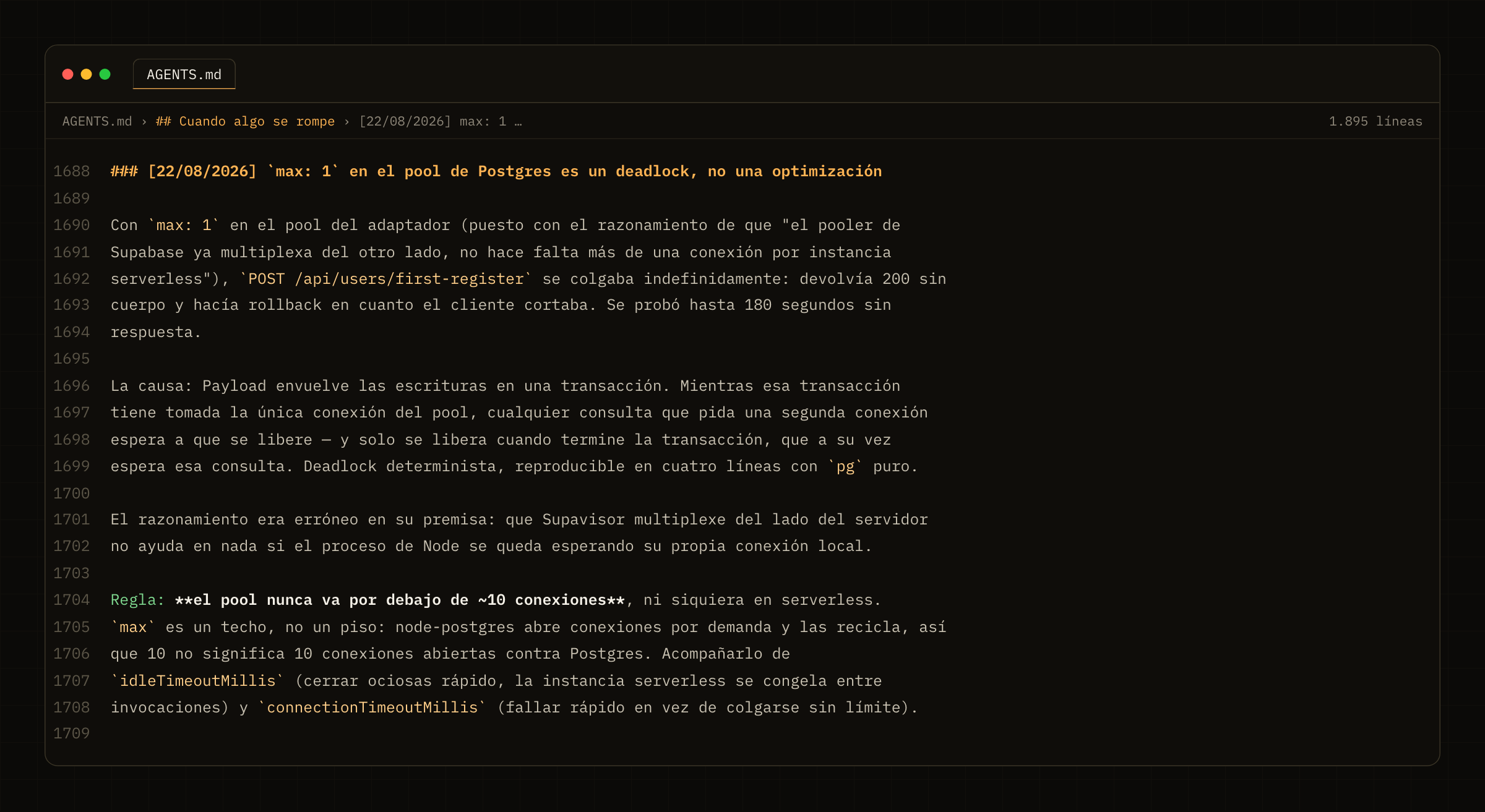 AGENTS.md open on a "When something breaks" entry